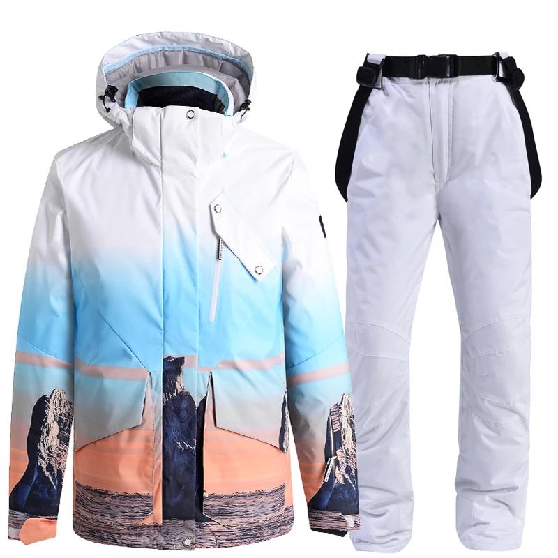 남녀공용 스노우보드 의상, 따뜻한 방수, 야외 코스튬 스키 세트, 재킷 및 스트랩 바지, 30